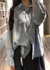 Top de lino azul vaquero hecho a mano con cuello de solapa y caja, ropa de talla grande, top de otoño